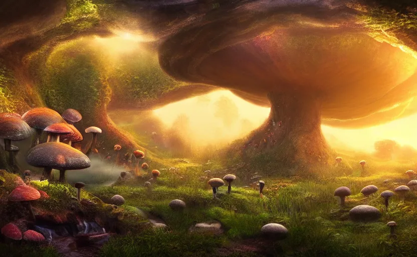 Image similar to a beautiful and stunning professional digital artwork of a humongous mushroom cave, mushroom houses, haze, waterfall, volumetric lighting, hyperrealistic, sunset, rtx on, ultra detail