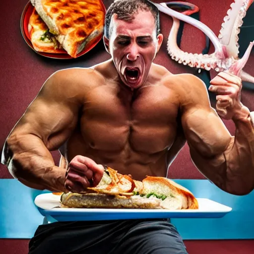 Prompt: a very vascular, sweaty body builder angrily eating a squid sandwich, while sitting at a table with a large squid on top.