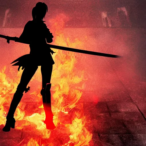 Prompt: A silhouette of a girl with a katana against the backdrop of a burning city, dramatic composition, trending on Artstation, 8K