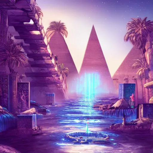 Prompt: ancient egypt cityscape in the space with waterfalls, retrowave epic art, trending on art station