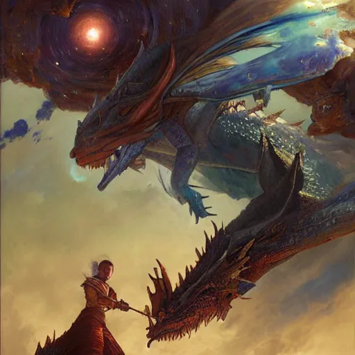 Image similar to Blue scaled dragon, chrystalline dragon, devouring an earth like planet in space, sun system, nebula in the background, oil painting, by Fernanda Suarez and Edgar Maxence and Greg Rutkowski