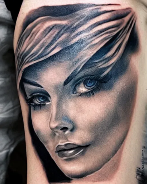 Image similar to tattoo design sketch of a beautiful blue - eyed woman face with a faded background of beautiful mountains on her side, hyper - realistic, in the style of den yakovlev, amazing detail, black and white