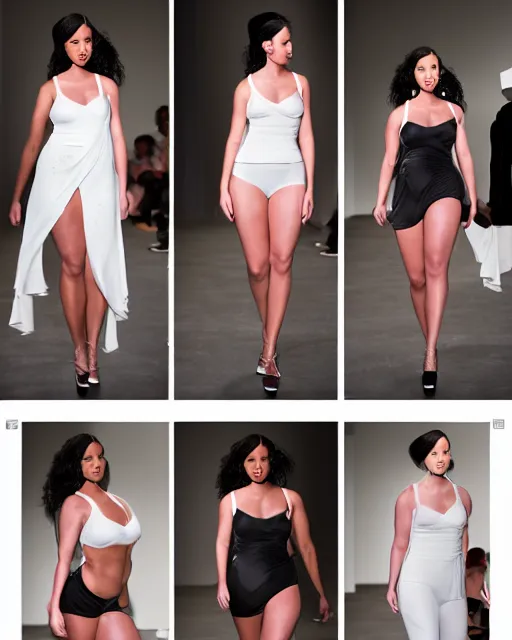 Image similar to multi panel storyboard of olivia wearing different outfits, runway model at new york fashion week, fit curvy physique, black hair, freckles, pale skin, multiple angles, photo by greg rutkowski, stage lighting, soft colors, female beauty, intricate detail, elegance, 3 5 mm, depth of field, masterpiece