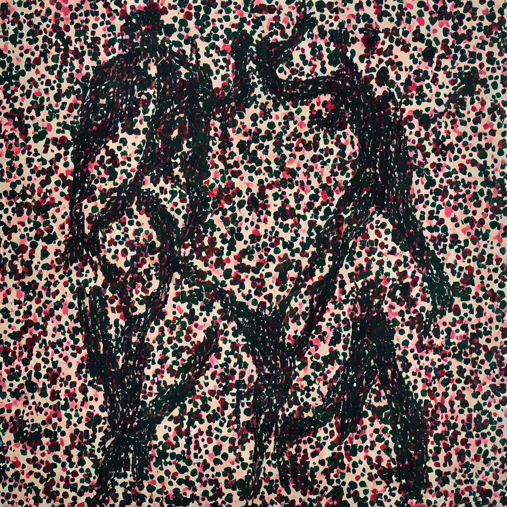 Image similar to camo made of hearts and smiling, abstract, francis bacon artwork, cryptic, dots, spots, stipple, lines, splotch, color tearing, pitch bending, faceless people, dark, ominous, eerie, hearts, minimal, points, technical, old painting, neon colors, folds