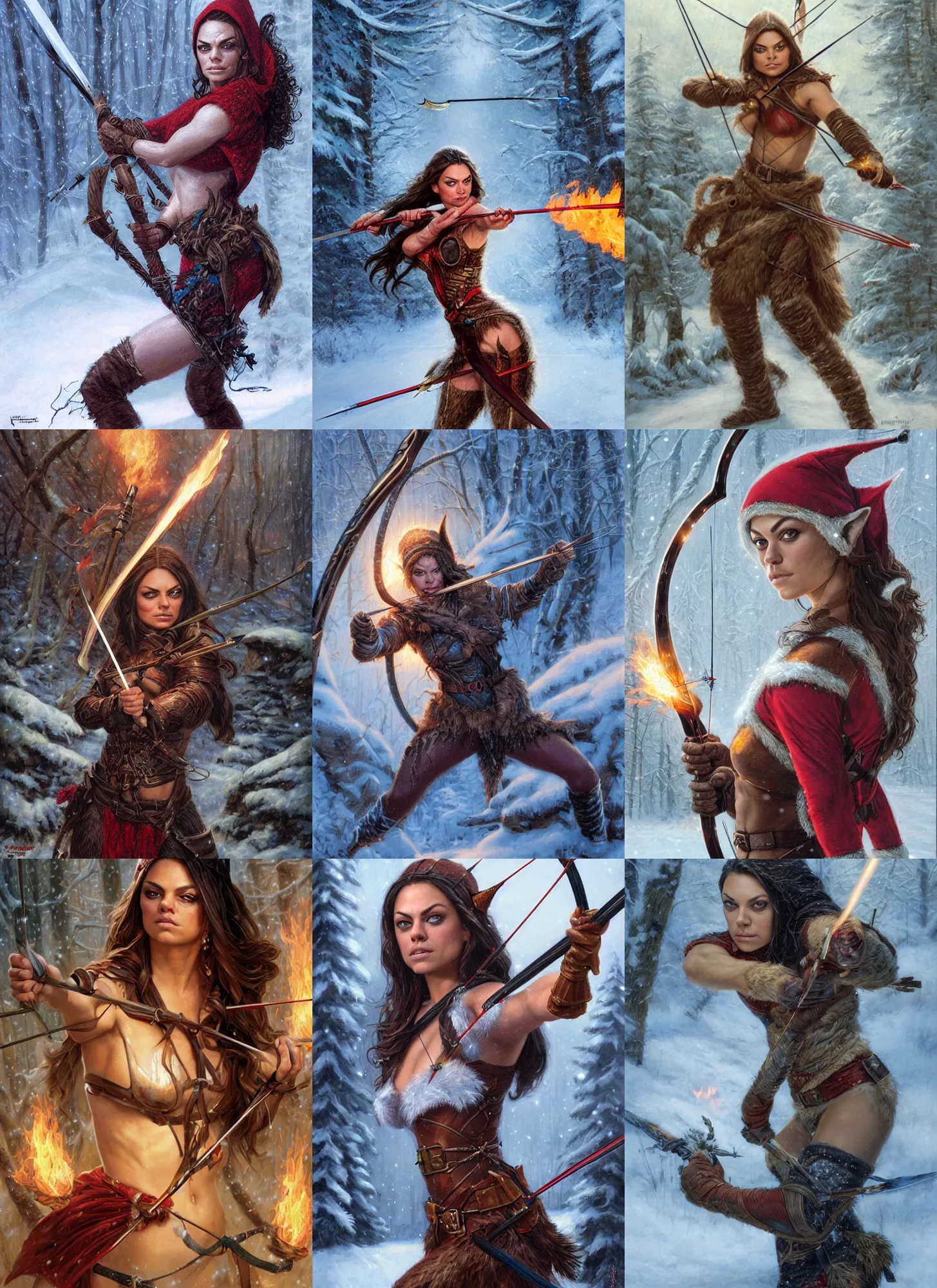 Prompt: face portrait of Mila Kunis as a muscled elf wielding huntsmen bow aiming a flaming arrow, snowy winter scene, Donato Giancola, Mark Brooks, Ralph Horsley, Charlie Bowater, Artgerm, Christopher Balaskas, Bastien Lecouffe-Deharme, Boris Vallejo