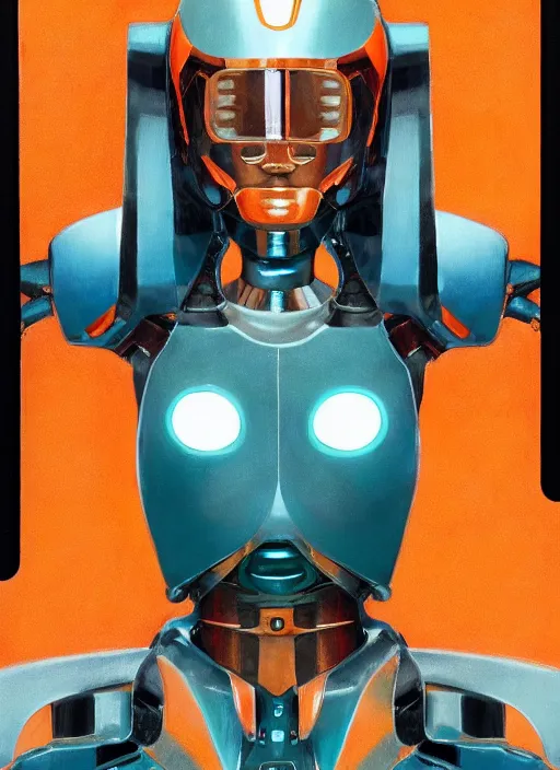 Image similar to ( ( symmetry ) ) closeup portrait of a chrome mech cyborg android stunning girl, racer jumpsuit with shoulder pads, cinematic light, teal orange, viscous volumetric smoke, mist, by gerald brom, by mikhail vrubel, by peter elson, muted colors, extreme detail, trending on artstation, 8 k