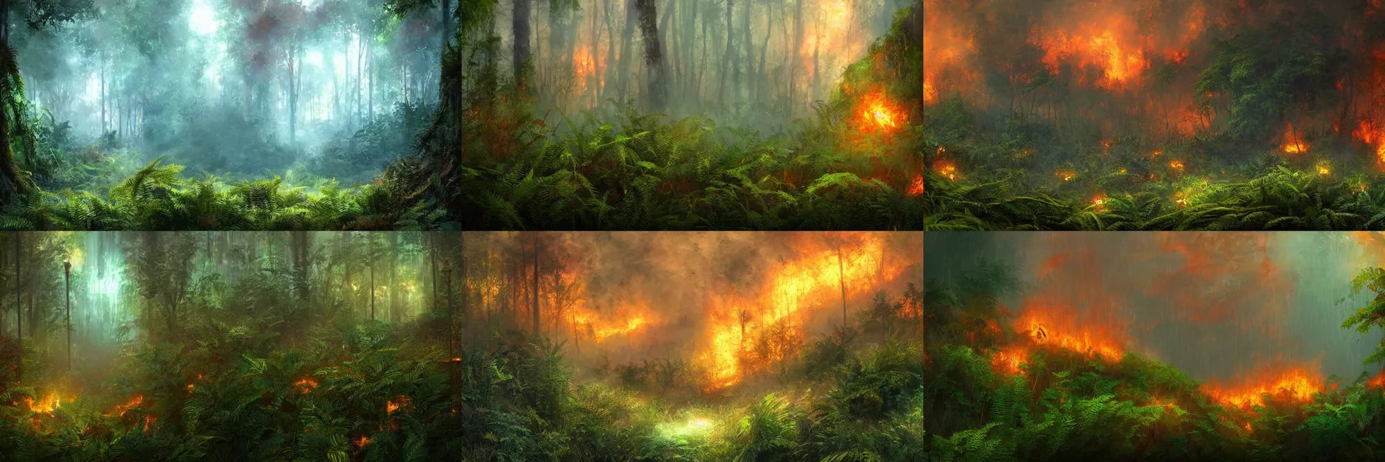 Prompt: beautiful and hyperrealistic wildfire in a fern jungle, heavy rainstorm, steampunk lanterns with cyan light, Visual Novel key visual, award-winning digital art on Pixiv, trending on Artstation