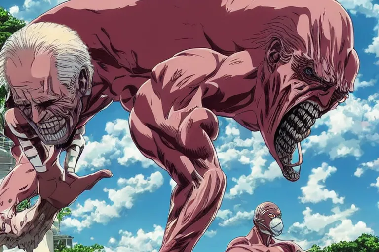 Prompt: joe biden, as the colossal titan, kicking a florida mansion, attack on titan, anime key visual, wit studio official media, beachfront mansion, huge pink mansion, giant kicking foot, smoke and rubble