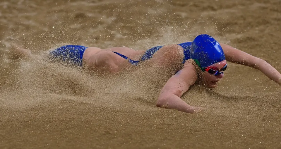 Image similar to olympic swimming in sand instead of water, extremely coherent, motion blur