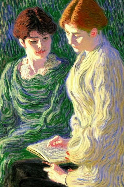 Image similar to portrait of two wise and very beautiful women reviewing some texts, art by monet, intricate, elegant, highly detailed, smooth, sharp focus, artstation