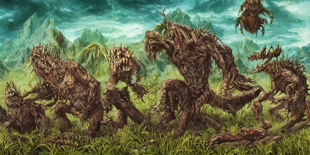 Prompt: wild-rice monsters prowling in the wilderness, style of Magic the Gathering, fantasy art