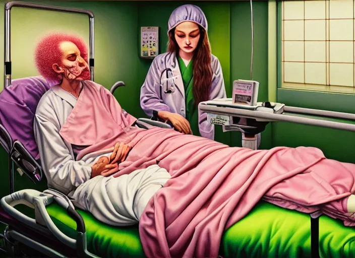 Prompt: the mind mender, standing, hospital room setting, medical tray, patient on hospital bed, extremely detailed, by ayami kojima, greg hildebrandt, mark ryden, hauntingly surreal, eerie vibrating pink and green color palette of charlie immer, highly detailed painting by, jenny saville, soft light 4 k