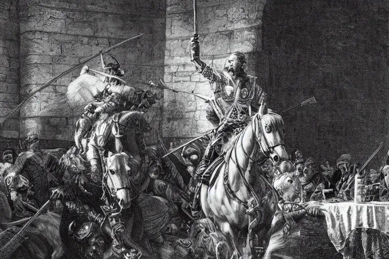 Image similar to highly detailed picture of don quixote comes out of an open old book on the table, symmetrical face, cinematic romantic magical, greek myth, masterpiece, from the book by gene wolfe, highly detailed painting by gustave dore