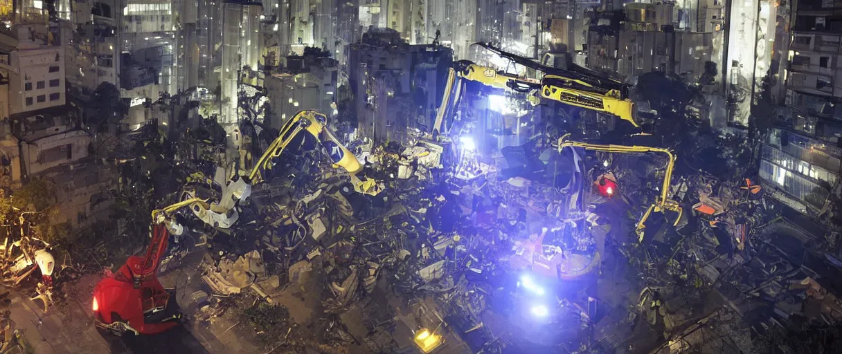 Image similar to rescue robot, disaster in the city, night, shinji aramaki