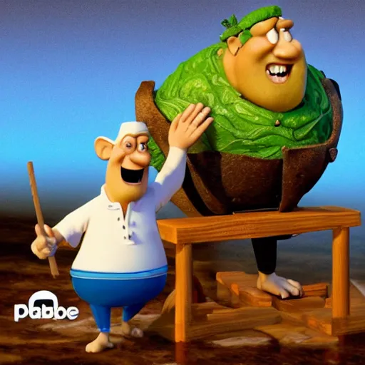 Image similar to cabbages character and king cooking pizza in a wood fired oven, highly detailed 3 d render, funny, pixar