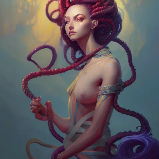 Image similar to a beautiful portrait of nubile medusa, concept art by pete mohrbacher and guweiz and ilya kuvshinov, digital art, highly detailed, intricate, sharp focus, trending on artstation hq, deviantart, unreal engine 5, 4 k uhd image