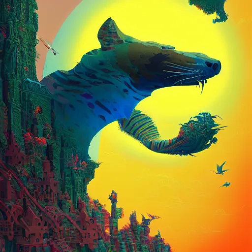 Image similar to colourful breathtakingly weird beautiful powerful magical wonderfully majestic beautifully cool isometric tiger by michael whelan and moebius and beeple and kilian eng and dan mcpharlin and pascal blanche and jamie hewlett and richard dadd, 8 k artstation