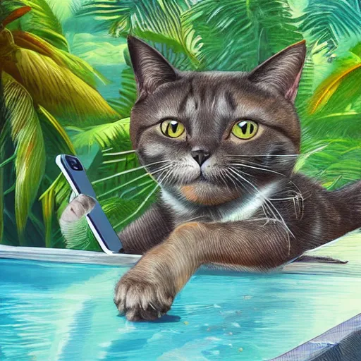 Image similar to a cat taking selfie in a swimming pool in the middle of the jungle, highly detailed, digital painting, artstation, concept art