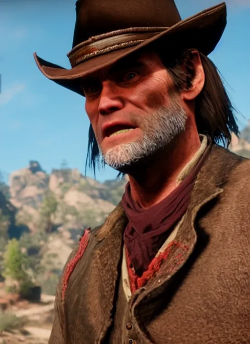 Image similar to film still of jim carrey in red dead redemption 2 ( 2 0 1 8 video game )