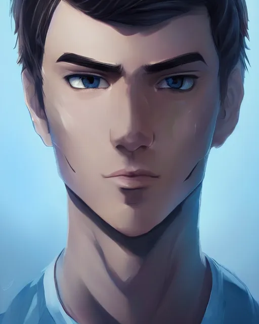 Image similar to face of a masculine 3 0 year old man empeoror with thin face lines, have mi - long brown hair and blue eyes ( completely blue, without white, just blue ), very beautiful portrait, low angle, realistic anime style and perfect art, trending on artstation, good and dramatic lighting