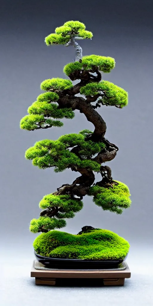 Image similar to a terrarium with bonsai miniature japanese's town minimalist table, lit from the side