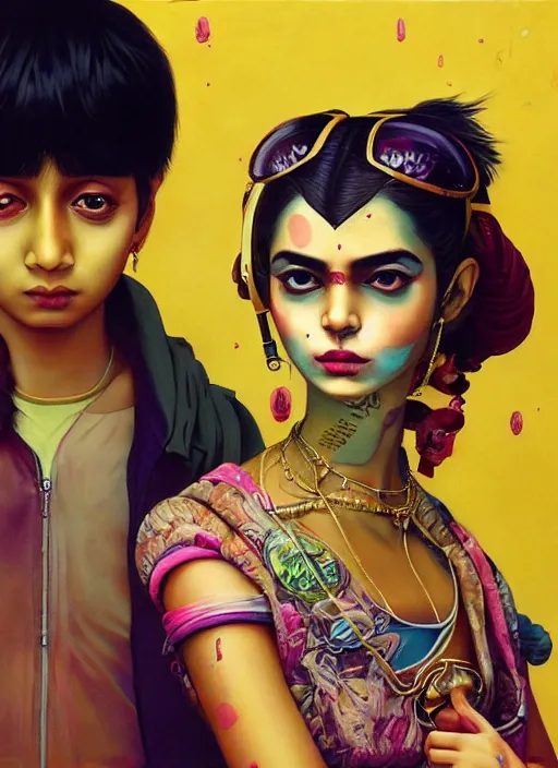 Prompt: beautiful portrait painting of a beautiful attractive lofi indian cyberpunk princess and her corgi assassin king, by Afarin Sajedi, Alessandro Barbucci, Alex Gross, Shin Jeongho, Shohei Otomo. trending on Artstation, 8k, masterpiece, face enhance, graffiti paint, fine detail, full of color, intricate detail, golden ratio illustration