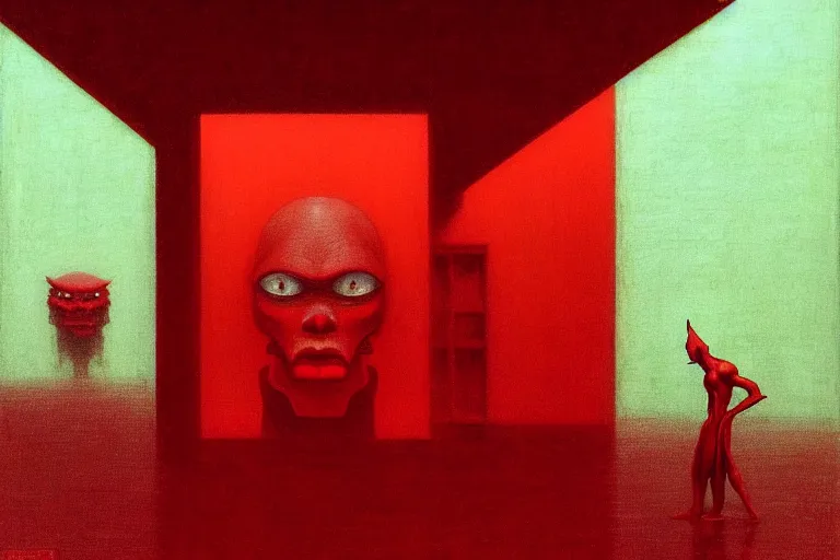 Image similar to only with red, a red samurai humanoid, tokio futuristic in background, some evil yokai, in the style of beksinski, parts by edward hopper, parts by rodcenko, parts by yue minjun, intricate and epic composition, red by caravaggio, insanely quality, highly detailed, masterpiece, red light, artstation, 4 k