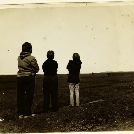 Image similar to photograph of people worried about the object in the horizon