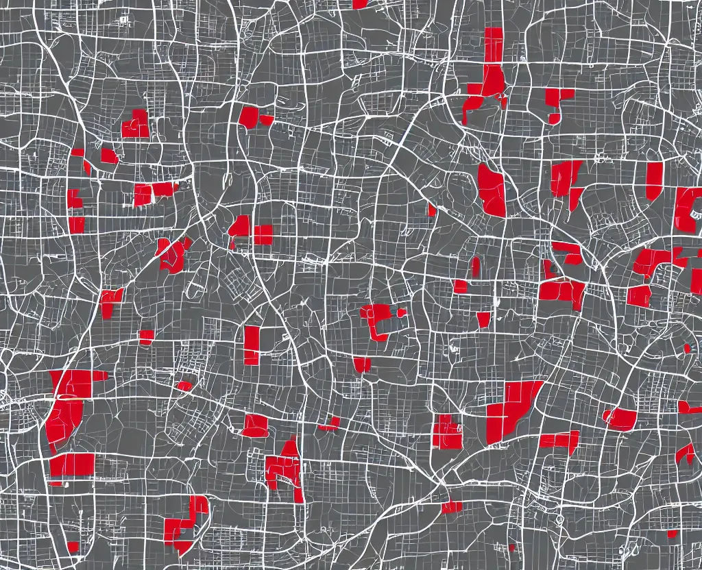 Prompt: Muted White on Grey Vector map of a large city with numerous tiny red bench icons marked, vector graphics, highly detailed