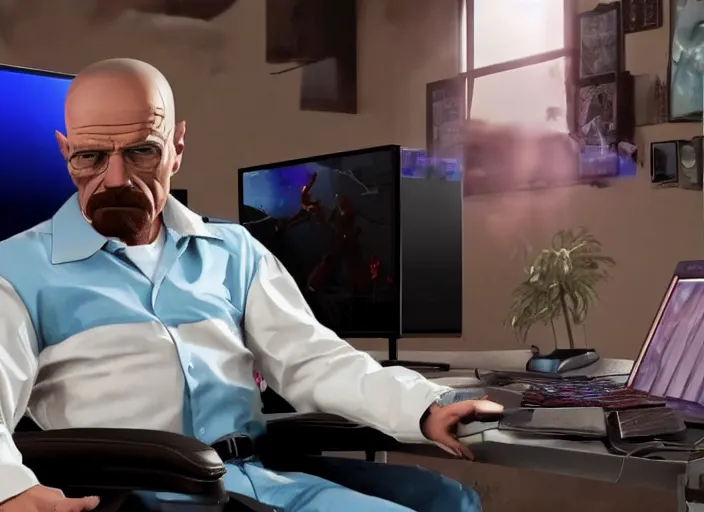 Image similar to realistic gamer walter white in real life on a gaming chair playing fortnite on his gamer pc