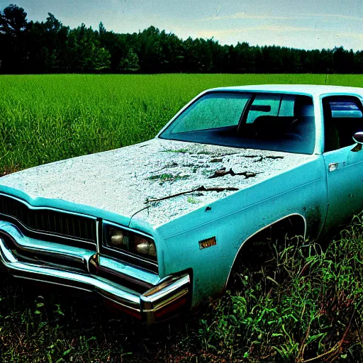 Image similar to A photograph of a beater beater beater beater beater abandoned abandoned abandoned 1976 Powder Blue Dodge Aspen in a farm field, photograph taken in 1989