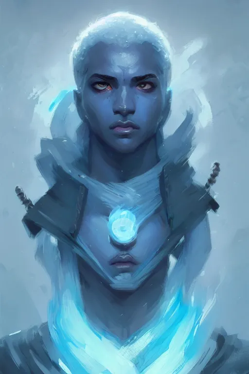 Image similar to portrait of a blue genasi tempest priest by Greg Rutkowski, d&d character, gradient white to cyan, blue ocean, highly detailed portrait, digital painting, artstation, concept art, smooth, sharp foccus ilustration, Artstation HQ