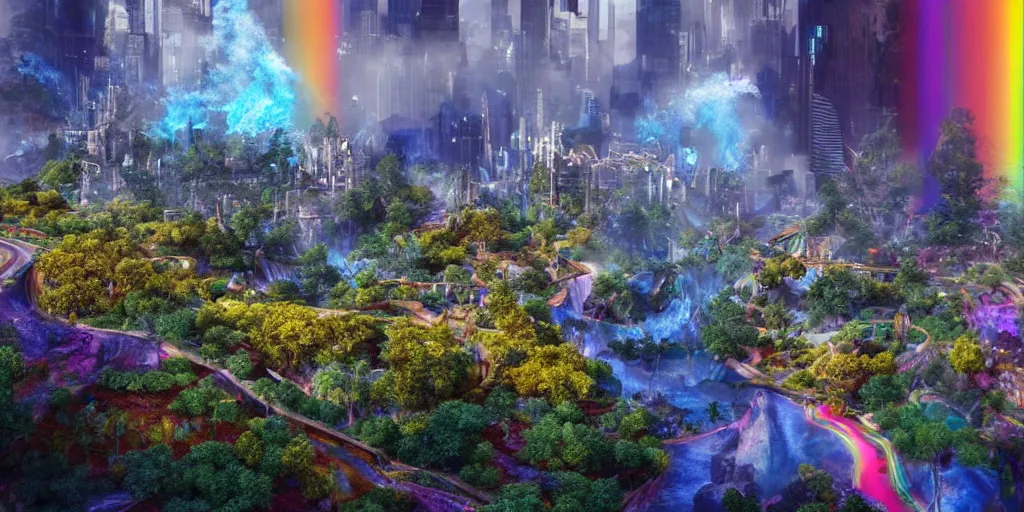 Image similar to a octane render of a landscape with a epic city and aquamarine coloured gras beautiful trees made from gold and rainbow liquid waterfalls and marvel hell riders with rainbow flames as citizen hollywood style, by waya steurbaut entertainment, dark, intricate, highly detailed, smooth, artstation, high resolution film render 100k, photo realistic style, epic, colourful, close up shot, 3D