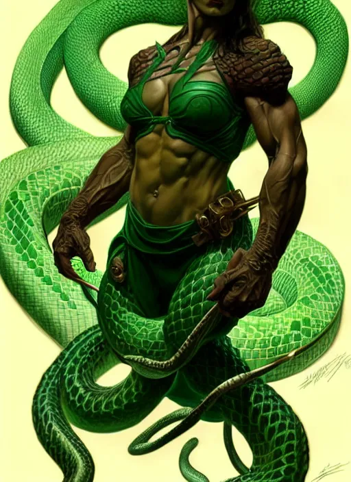 Prompt: portrait of aggressive snake humanoid, d & d, muscular!, green, fantasy, intricate, elegant, highly detailed, digital painting, artstation, concept art, smooth, sharp focus, illustration, art by artgerm and greg rutkowski and alphonse mucha