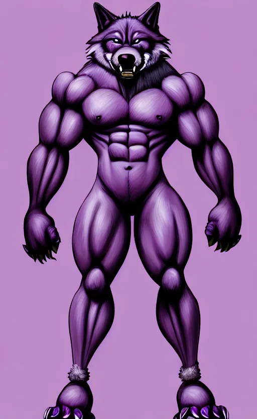 Image similar to painting of an anthropomorphic bulky muscular purple wolf, furry style, wearing jeans, deviant art, fursona, professional furry drawing, insanely detailed, bulky wolf - like face with dragon features, doing a pose from jojo's bizarre adventure, detailed veiny muscles, exaggerated features, beautiful shading, huge white teeth, grinning, colorful background