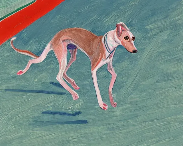 Image similar to close-up of a whippet running at beach, painting by david hockney, highly detailed