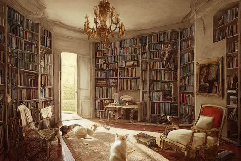 Prompt: a french style room, books, a cat, indoor scene, beautiful, realistic, design, 8k, highly detailed, light effect