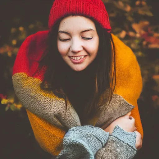 Image similar to a cozy photo of a woman. red yellow.