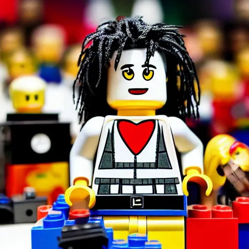 Image similar to studio photo, robert smith as lego minifigure, photorealistic, detailed, studio lighting, 4 k