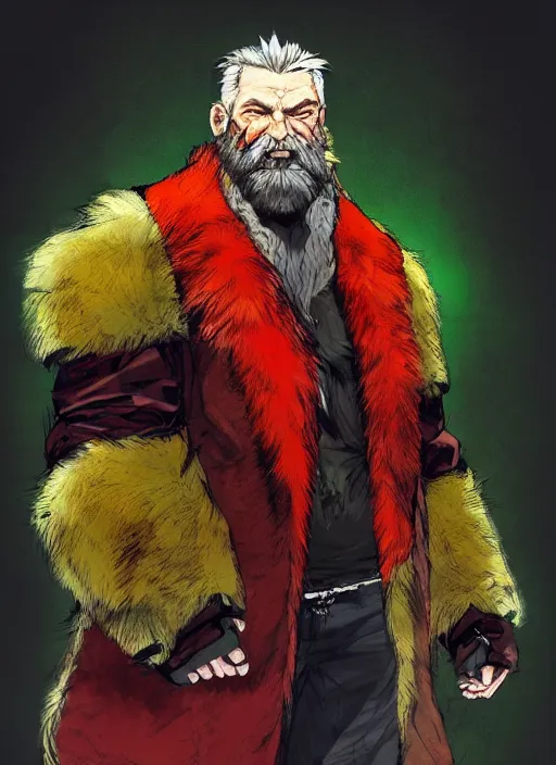 Image similar to Full body portrait of an old muscular man with blonde hair and beard wearing bear skin and red, green and gold jacket. In style of Yoji Shinkawa and Hyung-tae Kim, trending on ArtStation, dark fantasy, great composition, concept art, highly detailed.