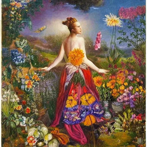 Image similar to A painting with a world of various flowers and plants, in which there is a figure of a human, dressed in something magical and impressive, inside this clothes infinity is all in sunset light, Atmospheric Phenomenon