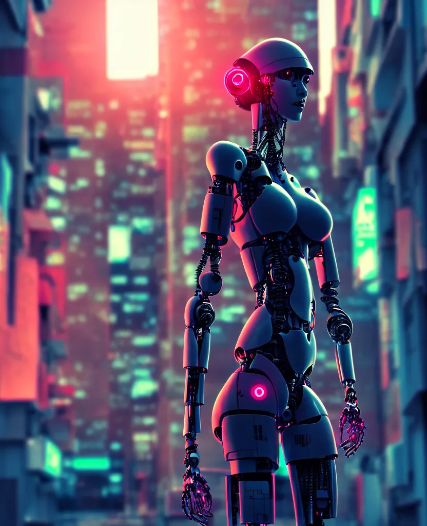 Image similar to a photo close up cyberpunk half robot half girl stands in a cyberpunk hiroshima, prefecture streets, sunset, photorealistic, cinematic lighting, very detailed, style by tomino - sama