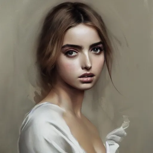 Image similar to portrait of beautiful happy young ana de armas wearing a beautiful silky white dress, painted by greg rutkowski