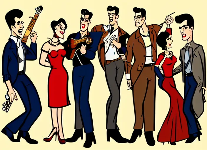 Image similar to rockabilly band in the style of archer cartoon, 1950s