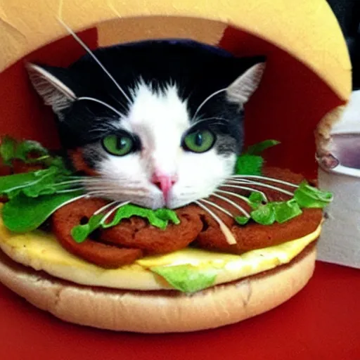 Prompt: cat inside a hamburger