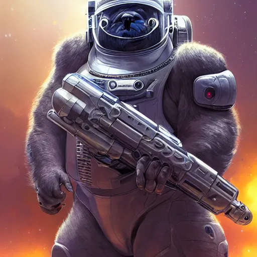 Image similar to detailed science - fiction character portrait of a silverback gorilla wearing a omnicolored armored space suit holding a space alien gun, intricate, wild, highly detailed, digital painting, artstation, concept art, smooth, sharp focus, illustration, art by artgerm and greg rutkowski and alphonse mucha