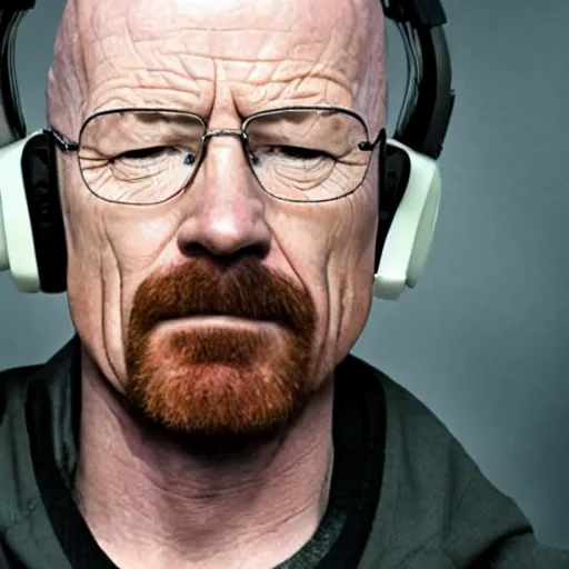 Image similar to close up, cropped award winning photo of walter white wearing pink headphones and sitting at his desk gaming, incredibly detailed, sharp focus, hyper realistic