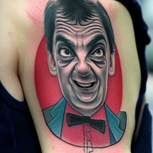 Prompt: tattoo of mr bean as a street thug