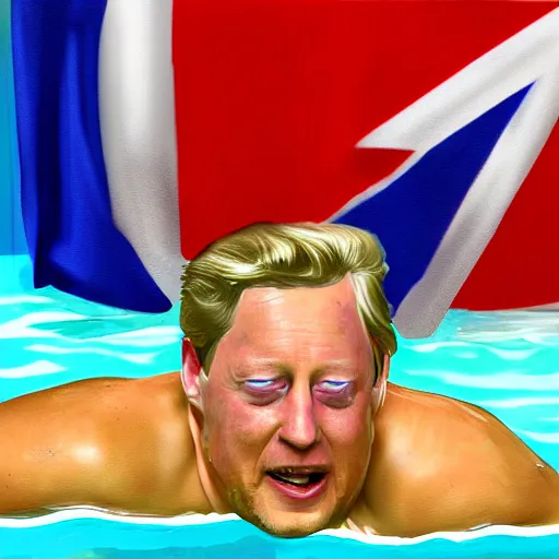 Image similar to the leader of the united kingdom swimming in a pool of beans digital painting art