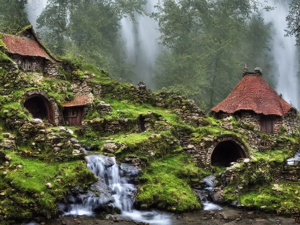 Image similar to medieval hobbit home, ornate, beautiful, atmosphere, vibe, mist, smoke, chimney, rain, wet, pristine, puddles, waterfall, melting, snow, creek, lush, ice, bridge, forest, flowers, james jean